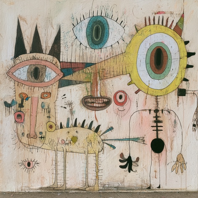 A painted wall crowded with figures: a tall creature with a spiny crest bullseye eye and a beak,  a four-legged yellow beast with three black spikes for hair and one huge pink-rimmed eye. A lone blue eye hovering above.