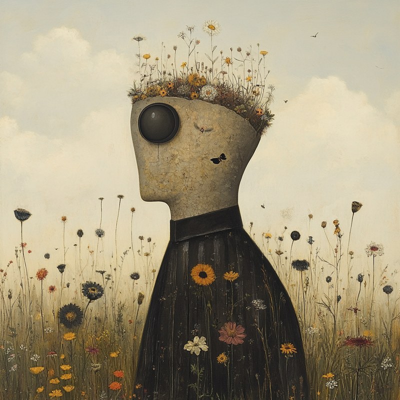 A figure in profile, showing one large dark eye, stands in a wildflower meadow, a profusion of wildflowers growing out of the top of its head.